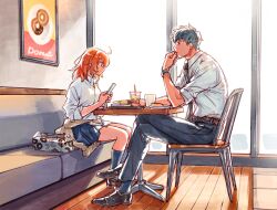 Rule 34 | 1boy, 1girl, ahoge, alternate costume, belt, black footwear, blue skirt, blue socks, brown belt, brown footwear, brown sweater, cellphone, chair, closed mouth, clothes around waist, collared shirt, couch, cup, disposable cup, doughnut, drinking straw, elbow on table, elbow rest, english text, fate/grand order, fate (series), food, fujimaru ritsuka (female), grey hair, grey necktie, grey pants, hair between eyes, hair down, highres, holding, holding phone, indoors, kneehighs, loafers, looking ahead, looking at another, medium hair, necktie, on chair, on couch, orange eyes, orange hair, pants, pastry box, phone, plate, pleated skirt, saitou hajime (fate), shirt, shoes, short hair, sitting, skirt, sleeves past elbows, sleeves rolled up, smartphone, socks, sweater, sweater around waist, table, uni (nico02), watch, white shirt, window, wristwatch, yellow eyes