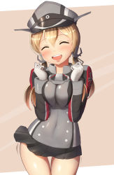 Rule 34 | 1girl, ^ ^, black skirt, blonde hair, blush, breasts, closed eyes, gloves, hair between eyes, hat, kantai collection, large breasts, long hair, long sleeves, low twintails, maku ro, microskirt, military, military uniform, miniskirt, open mouth, peaked cap, pleated skirt, prinz eugen (kancolle), skirt, smile, solo, twintails, uniform, white gloves