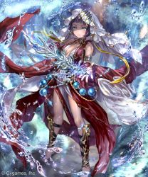 Rule 34 | 1girl, armlet, bare shoulders, barefoot, beads, blue eyes, blunt bangs, breasts, chain, cleavage, commentary, cygames, dress, irua, jewelry, legs, long hair, looking at viewer, official art, prophetess of creation, purple hair, shadowverse, shin guards, shingeki no bahamut, short hair, smile, solo, veil, water, water drop
