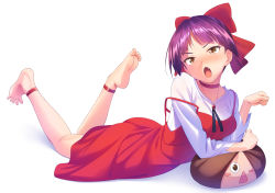 Rule 34 | 1girl, :o, ankle strap, barefoot, bow, breasts, character doll, dorsiflexion, dress, feet, gegege no kitarou, hair bow, kitarou, long sleeves, looking at viewer, lying, nekomusume, nekomusume (gegege no kitarou 6), on stomach, open mouth, parted bangs, paw pose, pillow, plantar flexion, purple hair, red dress, ribbon, shirt, short hair, simple background, small breasts, soles, solo, spread toes, strap slip, tenkuu nozora, the pose, toes, triangle mouth, white background, white shirt, yellow eyes