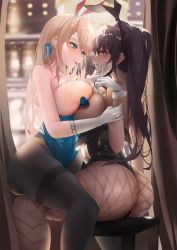 Rule 34 | 2girls, absurdres, after kiss, animal ears, areola slip, arm grab, ass, asuna (blue archive), asuna (bunny) (blue archive), bad id, bad pixiv id, bare arms, bare shoulders, black hair, black leotard, blue archive, blue eyes, blue leotard, blurry, blurry background, blush, breast press, breasts, dark-skinned female, dark skin, eye contact, face-to-face, fake animal ears, feet out of frame, fishnet pantyhose, fishnets, from side, gloves, hand on another&#039;s cheek, hand on another&#039;s face, heart pasties, highres, holding another&#039;s wrist, interracial, karin (blue archive), karin (bunny) (blue archive), large breasts, leotard, leotard pull, light brown hair, long hair, looking at another, multiple girls, paid reward available, pantyhose, pasties, playboy bunny, plump, ponytail, rabbit ears, raised eyebrows, ribbon, saliva, saliva trail, sidelocks, sitting, sitting on person, stomach, strapless, strapless leotard, sweat, swept bangs, symmetrical docking, tears, thighband pantyhose, thighs, tongue, tongue out, turbulence, wet, white gloves, yellow eyes, yuri