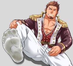 Rule 34 | 1boy, abs, bara, bare pectorals, blue eyes, brown hair, cross scar, dirty, epaulettes, facial hair, fate/grand order, fate (series), feet, foot focus, fringe trim, gluteal fold, goatee, jacket, large pectorals, leg up, long sideburns, long sleeves, male focus, muscular, napoleon bonaparte (fate), nipples, open clothes, open jacket, open shirt, pants, pectoral cleavage, pectorals, scar, scar on chest, short hair, sideburns, socks, solo, spread legs, tetsu (kurotetsu1379), thick thighs, thighs, unbuttoned, white pants, white socks