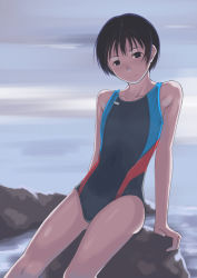 Rule 34 | 1girl, black eyes, black hair, competition swimsuit, galaxea, highres, one-piece swimsuit, original, rock, short hair, sitting, solo, swimsuit