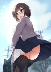 Rule 34 | 1girl, ass, bag, black-framed eyewear, black skirt, black thighhighs, blue sky, blurry, blurry background, blush, breasts, brown eyes, brown hair, cloud, cloudy sky, commentary request, day, depth of field, from behind, from below, glasses, grey jacket, hair ornament, hairclip, highres, holding, holding bag, jacket, large breasts, looking at viewer, looking back, ochinsama, open clothes, open jacket, open mouth, original, outdoors, pleated skirt, power lines, school bag, school uniform, shirt, skirt, sky, solo, thighhighs, utility pole, white shirt, x hair ornament
