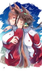 Rule 34 | 2girls, animal ears, blush, breast hold, breasts, brown hair, closed eyes, closed mouth, commentary request, crossed arms, daiwa scarlet (umamusume), glint, grin, hair intakes, hand on another&#039;s shoulder, highres, horse ears, jacket, large breasts, long hair, long sleeves, looking afar, multiple girls, poco., red eyes, sideways mouth, signature, small breasts, smile, sweat, tiara, track jacket, twintails, umamusume, vodka (umamusume)