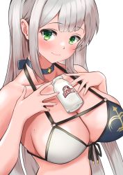 Rule 34 | 1girl, bikini, blue choker, blush, bottle, breasts, choker, closed mouth, collarbone, commentary, green eyes, grey hair, hands on own chest, highres, hololive, large breasts, long hair, looking at viewer, milk bottle, mole, mole on breast, shirogane noel, shirogane noel (summer 2020), simple background, smile, solo, straight hair, swimsuit, taachika, upper body, virtual youtuber, white background