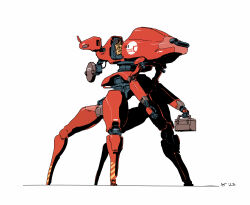 Rule 34 | 1other, ambiguous gender, antares valdemar, box, cable, commentary, english commentary, externally piloted mecha, full body, helmet, highres, holding, holding box, mecha, original, robot, science fiction, sitting, space helmet, spacesuit, walker (robot)
