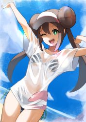 Rule 34 | 1girl, ;d, absurdres, arms up, beach, bikini, bikini under clothes, blue sky, breasts, brown hair, cloud, creatures (company), double bun, dutch angle, game freak, green eyes, hair bun, halterneck, highres, long hair, looking at viewer, nintendo, no pants, ocean, one eye closed, open mouth, poke ball print, pokemon, pokemon bw2, pyonsan, rosa (pokemon), see-through, see-through shirt, shirt, side-tie bikini bottom, sidelocks, sky, small breasts, smile, solo, stretching, string bikini, swimsuit, t-shirt, teeth, thigh gap, thighs, twintails, upper teeth only, visor cap, wet, wet clothes, wet shirt, white shirt