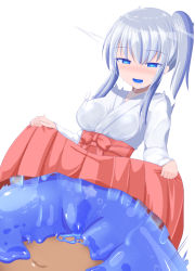 Rule 34 | 1girl, blue eyes, blue skin, blue tongue, bottomless, breasts, colored skin, colored tongue, glowing, glowing eyes, japanese clothes, monster girl, multicolored skin, open mouth, ponytail, rethnick, see-through, sex, side ponytail, slime girl, smile, sura shrine maiden, transformation