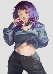 Rule 34 | 1girl, bra, bra peek, breasts, choker, cleavage, clothes lift, collarbone, contrapposto, cowboy shot, diagonal bangs, hair ornament, hair over shoulder, hairclip, highres, idolmaster, idolmaster shiny colors, lace trim, large breasts, long hair, long sleeves, looking at viewer, midriff, navel, one eye closed, open mouth, otsudou, pants, purple eyes, purple hair, scoop neck, shirt lift, short twintails, sidelocks, simple background, solo, sweater, sweater lift, tanaka mamimi, tearing up, twintails, underwear, white background, yawning