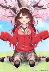 Rule 34 | 1girl, black necktie, blue sky, brown hair, cherry blossoms, collared shirt, copyright name, copyright notice, day, full body, gradient hair, grass, hair ornament, has bad revision, has downscaled revision, highres, hololive, jacket, long hair, md5 mismatch, mechanical legs, momoshiki tsubaki, multicolored hair, necktie, official art, on ground, open mouth, outdoors, plaid, plaid skirt, red hair, red jacket, resolution mismatch, roboco-san, shirt, sitting, skirt, sky, sleeves past fingers, sleeves past wrists, solo, source smaller, tree, virtual youtuber, wariza, yellow eyes