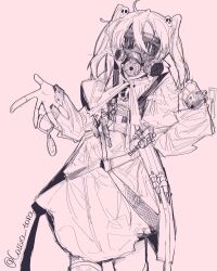 Rule 34 | 1girl, ahoge, cassia tora, cowboy shot, dress, fingerless gloves, gas mask, gloves, hair ornament, hand up, highres, lineart, mahou shoujo magical destroyers, mask, monochrome, pink (magical destroyers), pink background, simple background, sketch, skull hair ornament, solo, syringe, thighhighs, twintails, twitter username, wrist belt, wristband