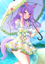 1girl alternate_costume animal_ears beach breasts commentary_request hair_ornament highres horse_ears horse_girl horse_tail ibuki_sho long_hair mejiro_mcqueen_(ripple_fairlady)_(umamusume) mejiro_mcqueen_(umamusume) ocean purple_eyes purple_hair sky small_breasts solo swimsuit tail umamusume