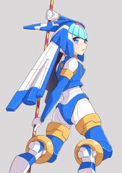 Rule 34 | 1girl, android, ass, blue eyes, boots, grey background, helmet, highres, holding, holding polearm, holding weapon, kneeling, fairy leviathan (mega man), looking ahead, looking to the side, mega man (series), mega man x (series), mega man x dive, mega man zero (series), open mouth, polearm, robot, robot girl, simple background, solo, spear, thigh boots, thighhighs, toes, user xset7482, weapon