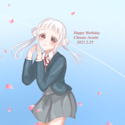 Rule 34 | 1girl, absurdres, arashi chisato, artist name, artist request, bare legs, belt, blue cardigan, blue jacket, blue sky, blush, bow, bowtie, breasts, buttons, cardigan, cloud, collared shirt, cropped jacket, day, double bun, dress, dress shirt, female focus, fingers together, grey belt, grey shirt, grey skirt, hair bun, hair tie, highres, index fingers together, jacket, long hair, long sleeves, looking at viewer, love live!, love live! superstar!!, miniskirt, neck ribbon, o-ring, o-ring belt, outdoors, parted lips, petals, pink petals, plaid, plaid skirt, pleated, pleated skirt, red bow, red eyes, red ribbon, ribbon, school uniform, shirt, skirt, sky, smile, solo, twintails, white hair, white shirt, wing collar, yuigaoka school uniform
