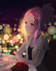 Rule 34 | 1girl, adjusting ring, anemone (eureka seven), blurry, bokeh, bouquet, bracelet, breasts, cherry, choker, cocktail, cocktail glass, commentary request, cup, depth of field, dress, drinking glass, eureka seven, eureka seven (series), flower, food, fruit, hair flower, hair ornament, hairclip, heart, heart necklace, highres, indoors, jewelry, light smile, looking to the side, nail polish, necklace, parted bangs, pink eyes, pink hair, pink nails, ponytail, poppy (flower), red flower, red rose, ring, rose, short hair, short sleeves, sidelocks, sitting, small breasts, solo focus, sunga2usagi, table, wedding band