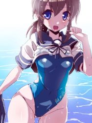 Rule 34 | 10s, blue eyes, brown hair, competition swimsuit, fubuki (kancolle), kantai collection, miuku (marine sapphire), one-piece swimsuit, ponytail, school uniform, serafuku, solo, swimsuit, swimsuit under clothes, water, wet