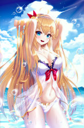 Rule 34 | 1girl, absurdres, ahoge, armpits, arms up, bare shoulders, bikini, blue sky, blush, breasts, cleavage, cloud, cloudy sky, commentary request, hair between eyes, hair ornament, hair ribbon, hands in hair, highres, huge filesize, large breasts, long hair, looking at viewer, navel, ocean, open mouth, pecorine (princess connect!), pecorine (summer) (princess connect!), princess connect!, red ribbon, ribbon, ryon y0421, side-tie bikini bottom, sky, smile, solo, swimsuit, teeth, upper teeth only, white bikini
