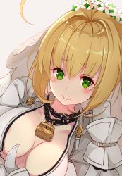 Rule 34 | 10s, 1girl, absurdres, ahoge, areola slip, arms at sides, blonde hair, blush, breasts, bridal veil, chain, cleavage, close-up, dutch angle, fate/extra, fate/extra ccc, fate (series), flower, green eyes, hair between eyes, hair flower, hair intakes, hair ornament, highres, kujou ichiso, large breasts, lock, nero claudius (bride) (fate), nero claudius (fate), nero claudius (fate) (all), padlock, solo, veil, white flower