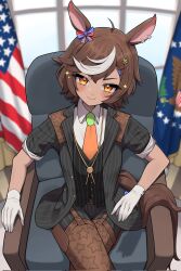 Rule 34 | 1girl, amagasa, american flag, animal ears, brown eyes, brown fur, brown hair, closed mouth, collared shirt, crossed legs, gloves, hairpin, highres, horse ears, horse girl, horse tail, indie virtual youtuber, indoors, long sleeves, looking at viewer, medium hair, multicolored hair, multiple hairpins, necktie, on chair, orange necktie, second-party source, shirt, sitting, sleeves rolled up, smile, solo, tail, tomoe umari, virtual youtuber, white gloves, white hair, white house, white shirt
