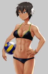 Rule 34 | 1girl, abs, ball, bikini, black bikini, black hair, blue eyes, breasts, carrying, carrying under arm, commentary, dark-skinned female, dark skin, hand on own hip, hashi, holding, holding ball, medium breasts, muscular, muscular female, navel, original, short hair, simple background, solo, swimsuit, tan, volleyball (object)