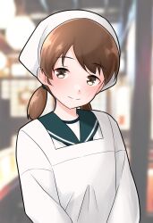 Rule 34 | 1girl, apron, blurry, blurry background, brown eyes, brown hair, furaggu (frag 0416), head scarf, highres, japanese clothes, kantai collection, kappougi, kitchen, looking at viewer, low twintails, official alternate costume, school uniform, serafuku, shirayuki (kancolle), short hair, short twintails, smile, solo, twintails, upper body