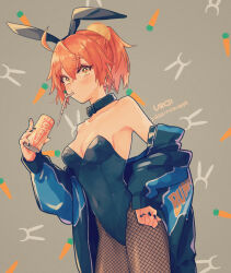 Rule 34 | 1girl, animal ears, bare shoulders, black collar, black leotard, black nails, blush, breasts, can, cleavage, collar, collarbone, covered navel, cowboy shot, drinking straw, fake animal ears, fate/grand order, fate (series), fishnet pantyhose, fishnets, fujimaru ritsuka (female), grey background, hair between eyes, hand on own hip, highres, holding, holding can, kajijii, leotard, long hair, medium breasts, mouth hold, nail polish, orange hair, pantyhose, playboy bunny, ponytail, rabbit ears, solo, standing, strapless, strapless leotard, yellow eyes