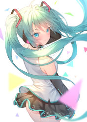 Rule 34 | 1girl, alexmaster, aqua hair, ass, black skirt, blue eyes, blush, closed mouth, commentary request, detached sleeves, from behind, hatsune miku, headphones, headset, long hair, looking at viewer, skirt, smile, solo, twintails, vocaloid