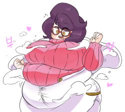 Rule 34 | 10s, 1girl, belly, breasts, brown eyes, creatures (company), fat, game freak, glasses, huge breasts, mad8867, nintendo, pokemon, pokemon sm, purple hair, ribbed sweater, sweater, turtleneck, weight gain, wicke (pokemon)