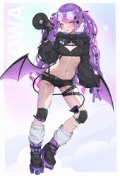 Rule 34 | 1girl, absurdres, bandaid, bandaid on leg, bat wings, belt, blush, braid, cross, cross earrings, demon tail, demon wings, ear piercing, earrings, english text, engrish text, eyelashes, eyewear on head, fang, gloves, gradient background, green eyes, hair between eyes, hair ornament, heart, heart tattoo, highres, holding, holding megaphone, hololive, jewelry, kkato, knee pads, light smile, long hair, long sleeves, low twintails, megaphone, micro shorts, midriff, multicolored hair, navel, navel piercing, official alternate costume, piercing, pouch, puffy long sleeves, puffy sleeves, purple hair, ranguage, shorts, shrug (clothing), sidelocks, single braid, skin fang, smile, solo, sunglasses, tail, tattoo, thigh pouch, thigh strap, tokoyami towa, tokoyami towa (5th costume), twintails, two-tone hair, very long hair, virtual youtuber, wings