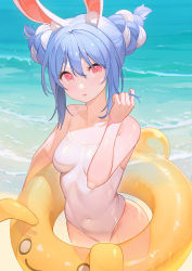 Rule 34 | 1girl, :o, alternate hairstyle, animal ear fluff, animal ears, bare arms, bare shoulders, beach, blue hair, blush, breasts, casual one-piece swimsuit, collarbone, covered navel, cowboy shot, day, double bun, hair bun, hand in own hair, hand up, highres, hololive, innertube, looking at viewer, multicolored hair, one-piece swimsuit, outdoors, parted lips, pink eyes, rabbit ears, ruien (wu jui-en), small breasts, solo, swim ring, swimsuit, thick eyebrows, two-tone hair, usada pekora, virtual youtuber, water, white hair, white one-piece swimsuit