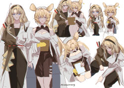 Rule 34 | 2girls, animal ears, arknights, blonde hair, blue eyes, clipboard, closed eyes, cowboy shot, from above, full body, highres, laurene (miawwmeng), mouse ears, mouse girl, multiple girls, simple background, skirt, smile, white background