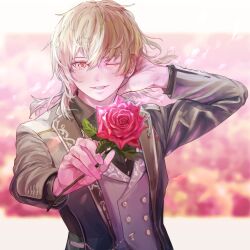 Rule 34 | 1boy, black jacket, black shirt, blurry, blurry background, blush, brown hair, buttoned cuffs, buttons, collared shirt, double-breasted, ensemble stars!, flower, grey vest, hair between eyes, hakaze kaoru, hand on own neck, holding, holding flower, incoming gift, jacket, long sleeves, looking at viewer, male focus, medium hair, nik ibi, one eye closed, open clothes, open jacket, open mouth, red flower, red rose, rose, shirt, sidelocks, smile, solo, straight-on, teeth, upper body, upper teeth only, vest