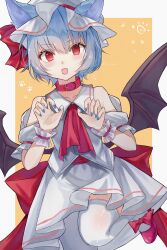 Rule 34 | absurdres, animal ears, bat wings, blue nails, bow, cat ears, choker, fang, footwear bow, grey hair, hat, hat ribbon, highres, katsukare, looking at viewer, mob cap, open mouth, orange background, paw print, red bow, red choker, red eyes, red ribbon, remilia scarlet, ribbon, shirt, short sleeves, skin fang, skirt, thighhighs, touhou, white headwear, white shirt, white skirt, white thighhighs, wings, wrist cuffs