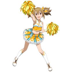 Rule 34 | 1girl, :d, absurdres, arm up, armpits, brown hair, cheerleader, collarbone, frilled skirt, frills, full body, hair between eyes, hair ribbon, highres, kneehighs, long hair, looking at viewer, midriff, miniskirt, navel, open mouth, orange ribbon, pleated skirt, pom pom (cheerleading), red eyes, ribbon, silica, skirt, sleeveless, smile, socks, solo, standing, stomach, stomah, sword art online, transparent background, twintails, white socks
