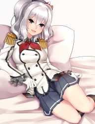 Rule 34 | 10s, 1girl, ap@meito, blue eyes, breasts, epaulettes, female focus, gloves, hair ornament, highres, kantai collection, kashima (kancolle), large breasts, long hair, military, military uniform, miniskirt, silver hair, skirt, smile, solo, twintails, uniform, wavy hair