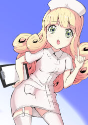 Rule 34 | 1girl, absurdres, ago ch2016, blonde hair, blush, breasts, garter straps, green eyes, hat, highres, index finger raised, jashin-chan dropkick, long hair, looking at viewer, notepad, nurse, nurse cap, open mouth, poporon (jashin-chan dropkick), short sleeves, small breasts, solo, thighhighs, white thighhighs