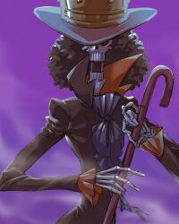 Rule 34 | 1boy, afro, ascot, black hair, brook (one piece), cowboy shot, devil fruit power, hat over one eye, haze, high collar, holding, holding sheath, large hat, looking at viewer, male focus, one piece, open mouth, purple background, serious, sheath, skeleton, solo, tomatop, umbrella sword