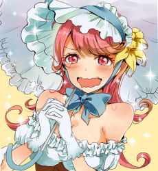 Rule 34 | 1girl, ahoge, antenna hair, bare shoulders, blush, bonnet, breasts, dress, flower, gloves, hair flower, hair ornament, heart, heart-shaped pupils, large breasts, long hair, looking at viewer, masaki (celesta), open mouth, pink hair, red eyes, sakaiya yumeno, saliva, simple background, smile, solo, symbol-shaped pupils, tokyo 7th sisters, umbrella, wavy mouth