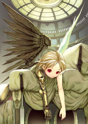 Rule 34 | 1girl, angel wings, asymmetrical wings, blonde hair, couch, eyelashes, indoors, kimura daisuke, lying, mecha musume, mechanical arms, mechanical wings, on stomach, original, prosthesis, red eyes, single mechanical arm, solo, steampunk, wings