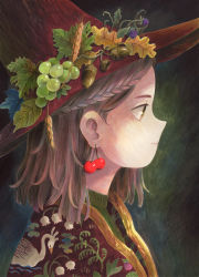 Rule 34 | 1girl, absurdres, acorn, blue leaf, bob cut, braid, braided bangs, brown eyes, brown hair, cherry, cherry earrings, earrings, embroidery, food, food-themed earrings, food themed earrings, from side, fruit, fruit hat ornament, grapes, hat, hat ornament, heikala, highres, jewelry, leaf, leaf hat ornament, looking away, maple leaf, original, plant, portrait, profile, red hat, revision, short hair, solo, turtleneck, vines, wheat, witch, witch hat