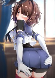 Rule 34 | 1girl, absurdres, artist logo, ass, black hairband, black neckerchief, blue sailor collar, blue skirt, blurry, bodysuit, brown hair, commentary request, cosplay, cowboy shot, crop top, curtains, depth of field, elbow gloves, female focus, from behind, furutaka (kancolle), giraffe (ilconte), gloves, glowing, glowing eye, hairband, heterochromia, highres, indoors, kantai collection, looking back, miniskirt, neckerchief, pleated skirt, sailor collar, shimakaze (kancolle), shimakaze (kancolle) (cosplay), short hair, skirt, solo, spoken blush, striped clothes, striped thighhighs, thighhighs, twitter username, white gloves, window, yellow eyes