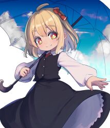 Rule 34 | 1girl, ahoge, artist name, black skirt, black vest, blonde hair, bow, bright pupils, collared shirt, commentary request, cowboy shot, fang, hair bow, highres, holding, holding umbrella, long sleeves, necktie, outstretched arm, puffy long sleeves, puffy sleeves, red bow, red eyes, red necktie, rumia, shirt, short hair, skirt, sky, smile, solo, tekina (chmr), touhou, umbrella, vest, white background, white pupils, white shirt
