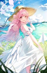 Rule 34 | 1girl, absurdres, angel wings, blue archive, blush, breasts, day, dress, hair bun, halo, hat, highres, large breasts, long hair, looking at viewer, mika (blue archive), okkimon, open mouth, outdoors, paper airplane, pink hair, pink halo, single side bun, smile, solo, straw hat, white dress, white wings, wings, yellow eyes