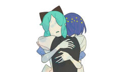 Rule 34 | 2others, ajing073, alice (alice in wonderland), alice (alice in wonderland) (cosplay), aqua hair, aqua nails, bare arms, black bow, black vest, blue hair, bow, bowl cut, cosplay, dual persona, facing away, facing viewer, hair bow, highres, houseki no kuni, hug, long sleeves, multiple others, no eyes, other focus, phosphophyllite, phosphophyllite (ll), puffy long sleeves, puffy short sleeves, puffy sleeves, self hug, shirt, short hair, short sleeves, simple background, time paradox, upper body, vest, white background, white shirt