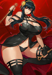Rule 34 | 1girl, ass, black dress, black gloves, black hair, black panties, breasts, cleavage, curvy, dagger, dress, fingerless gloves, flower, gloves, gluteal fold, gurimjang, hair flower, hair ornament, hairband, highres, holding, holding dagger, holding knife, holding weapon, huge breasts, knife, long hair, navel, panties, red background, red eyes, revealing clothes, solo, spy x family, stomach, thick thighs, thighhighs, thighs, underwear, weapon, yor briar