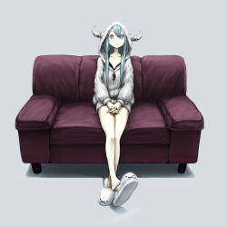 Rule 34 | 1girl, animal slippers, aqua hair, bad id, bad pixiv id, blue eyes, bunny slippers, couch, highres, hood, hoodie, horns, long hair, looking at viewer, no nose, original, own hands clasped, own hands together, rabbit, sitting, slippers, solo, toi (number8)