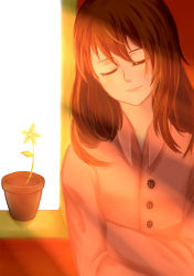 Rule 34 | 1girl, absurdres, against wall, bad id, bad pixiv id, blush, brown hair, buttons, coat, collar, crossed arms, eyelashes, flower, flower pot, hair between eyes, highres, indoors, light rays, lips, long hair, long sleeves, nindeyong huyi guanji, original, sleeping, sleeping upright, smile, solo, sunlight, upper body, window