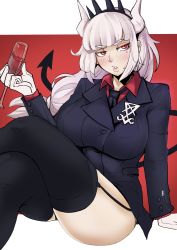 Rule 34 | 1girl, absurdres, alcohol, black hairband, black jacket, black neckwear, black tail, black thighhighs, blunt bangs, blush, collared shirt, commentary, crossed legs, cup, demon girl, demon tail, drinking glass, english commentary, garter straps, gloves, hairband, helltaker, highres, holding, holding cup, horns, jacket, long hair, looking to the side, lucifer (helltaker), mole, mole under eye, neckwear request, parted lips, puzenketsu, red background, red eyes, red shirt, shirt, tail, thighhighs, thighs, white gloves, white hair, white horns