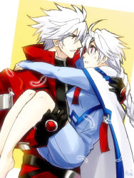 Rule 34 | 1boy, 1girl, ahoge, arc system works, bad id, bad pixiv id, blazblue, bodysuit, braid, bridal gauntlets, cape, carrying, eyepatch, feathers, gloves, long hair, muraosa (conjecture), nu-13, ofuda, princess carry, ragna the bloodedge, red eyes, silver hair, single braid, tears, unitard